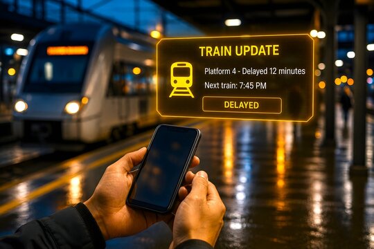 Passenger checking train delay update on smartphone at station