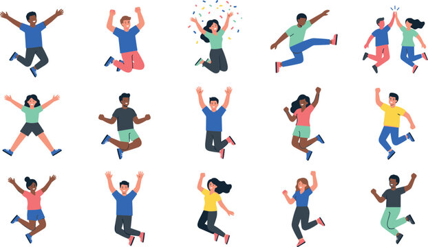 Diverse Group of Happy People Jumping in Air Celebrating Success High Five Having Fun Flat Cartoon Character Vector Illustration Set