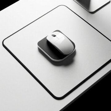 White wireless mouse sits on charging pad on minimalist desk. Modern tech setup for office work. Electronic device rests on sleek black, white dock in bright workspace. Clean gadget design for