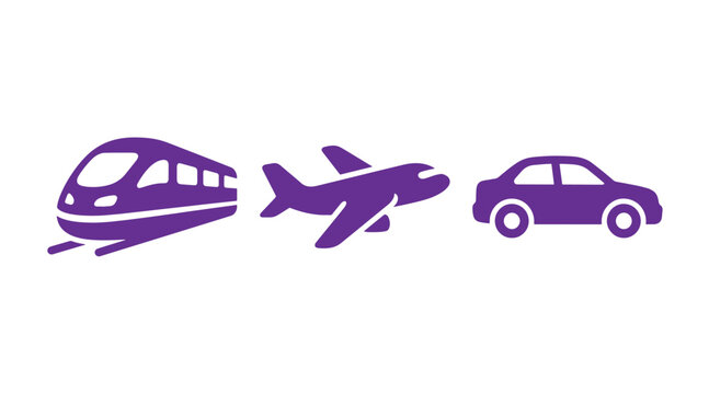 Transportation set icons including train airplane and car in purple color with transportation airplane transport automobile aviation shipping logistics movement collection
