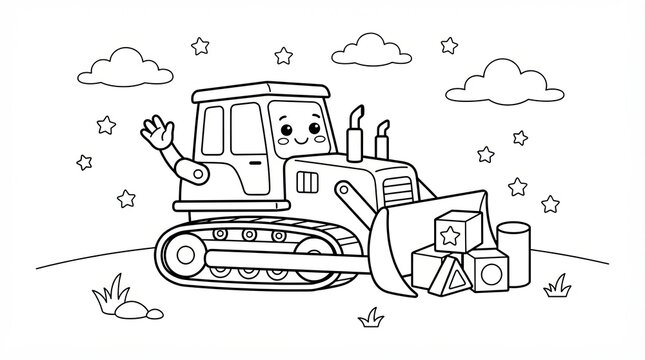 Cute cartoon bulldozer with blocks coloring page for children