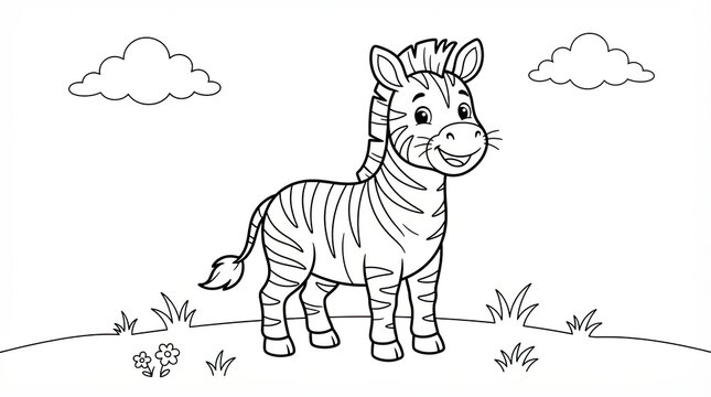 Cute cartoon zebra standing in a field for coloring page activity