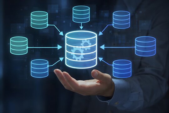 Data integration and ETL process. Data pipeline and data warehouse. Engineer holding database icons.