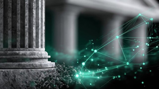 Digital connection overlaying a classical marble column, symbolizing the convergence of ancient institutions and modern technology. ..Created with Generative AI, not depicting real subjects.
