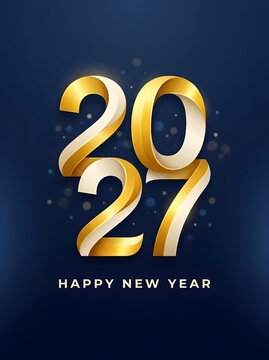 Luxurious Happy New Year 2027 vertical poster featuring artistic golden ribbon-style 3D numbers on a deep navy blue background with floating gold sparkles and light spots.
