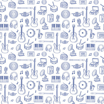 Music Instruments Seamless Pattern in Hand Drawn Doodle Style with Guitar, Piano, Headphones, Microphone, Drum, Saxophone, Trumpet and Retro Audio Equipment