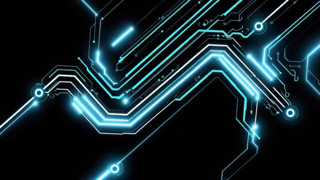 Futuristic glowing circuit board with neon blue and white lines on a black background, representing technology and data flow. ..Created with Generative AI, not depicting real subjects.