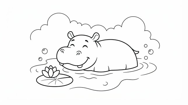Cute cartoon hippo swimming in water with a lotus flower for coloring