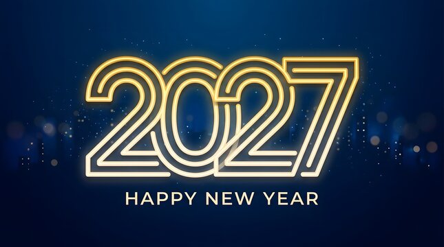 Elegant Happy New Year 2027 typography featuring golden neon continuous line design on a dark blue glowing background with light sparkles and bokeh effects.