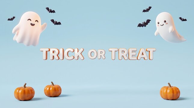 Cute halloween background with trick or treat text surrounded by friendly ghosts pumpkins and flying bats on blue