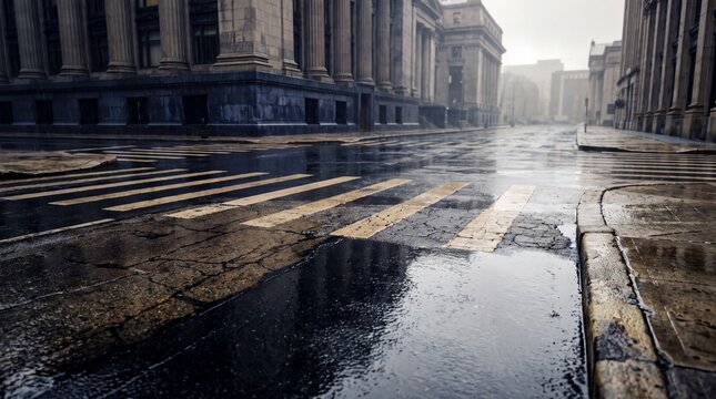 Reflective asphalt street intersection with neoclassical architecture and mood