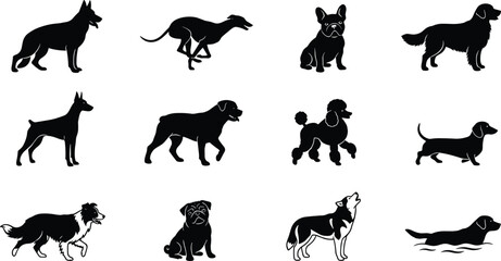 Naklejka premium Dog Silhouette Collection with German Shepherd, Greyhound, French Bulldog, Golden Retriever, Poodle, Dachshund, Beagle, Pug, and Collie