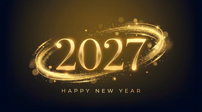 Elegant Happy New Year 2027 banner design with a swirling golden light ring, glitter particle dust, and shiny text on a dark gold atmospheric backdrop. Perfect for luxurious holiday greetings, banners