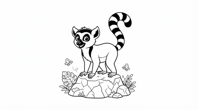 Cute cartoon lemur standing on a rock drawing for coloring page