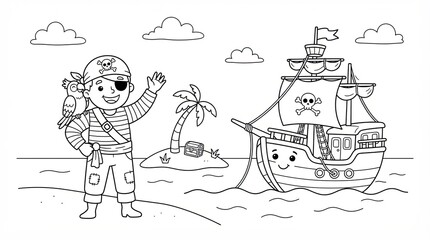 Naklejka premium Cute pirate boy with parrot and ship on a tropical island coloring page