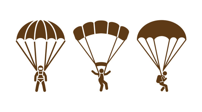Parachuting extreme sports icons showing skydivers in descent with parachute skydiver skydiving adventure activity recreation challenge movement equipment adrenaline