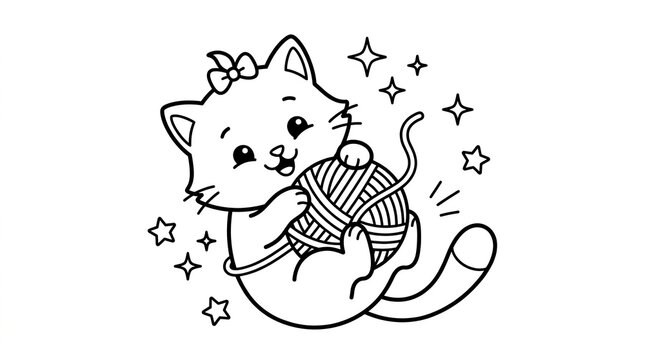 Cute cartoon kitten playing with a ball of yarn line art drawing