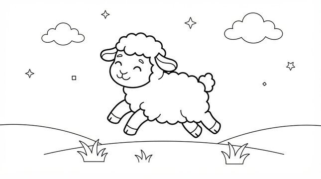 Cute cartoon sheep jumping in a field with clouds and stars for kids