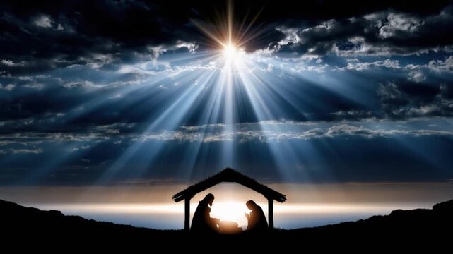 Nativity scene, with Mary and Joseph kneeling beside the baby Jesus in a stable, bathed in divine light under a starry sky. ..Created with Generative AI, not depicting real subjects.
