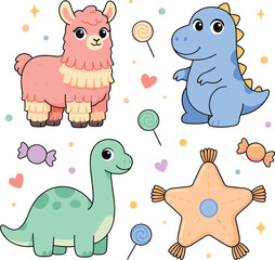 Naklejka premium Cute Baby Dinosaur and Pink Alpaca Vector Clipart Set Featuring Whimsical Prehistoric Reptiles Llama Candies and Cushion Stars for Nursery Designs
