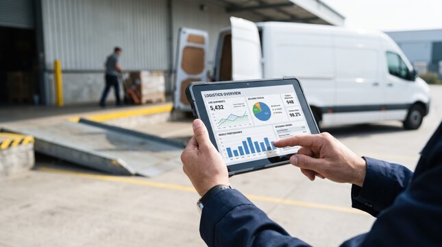 Logistics manager analyzing supply chain data on digital tablet in warehouse loading dock with delivery truck and worker in background, business analytics concept