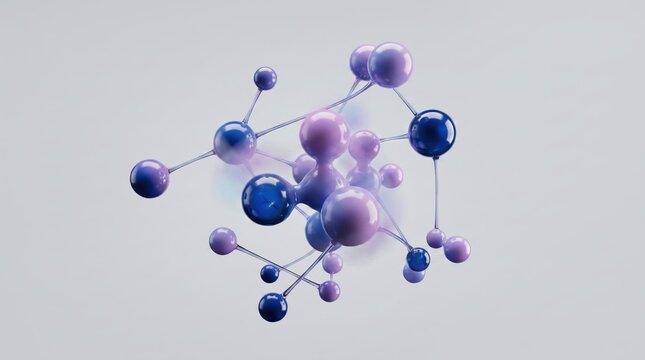 Complex 3D molecular network structure with purple and blue glossy spheres and connecting lines, abstract scientific, technology, innovation, nanotechnology, microscopic view