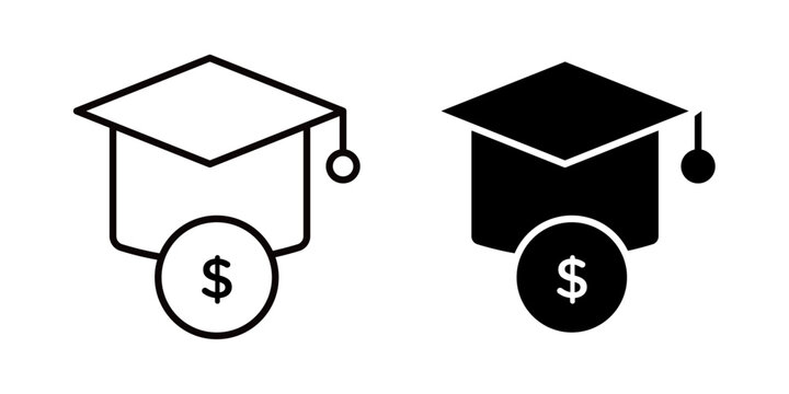School fees icon in outline and solid style, isolated on white background. Ideal for education, tuition, payment, and academic finance related features in mobile and web design.
