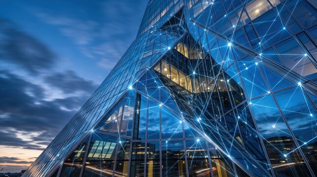 Modern glass skyscraper with digital network connection overlay, smart city infrastructure, future technology, big data, cloud computing, global communication, internet of things