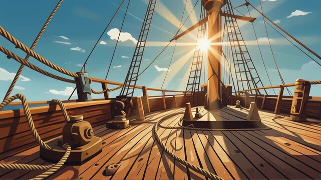 Wooden deck of a vintage sailing ship at sea with sun flare and rigging ropes