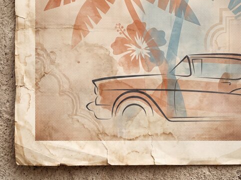A distressed vintage poster with tropical Americana motifs and abstract geometry