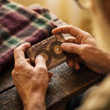 Hands gently cradling a vintage cassette mixtape on aged wood surface