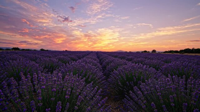 Vibrant lavender field glowing under a stunning colorful sunset sky in rural landscape scenery