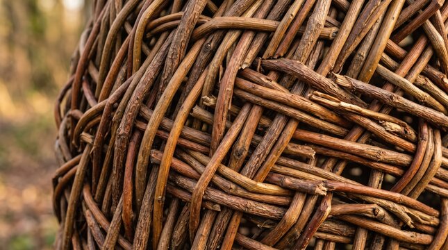 Close-up texture of woven wicker basket made from natural twigs and branches, rustic craft, organic material pattern, traditional handmade weaving art, brown wood details, .