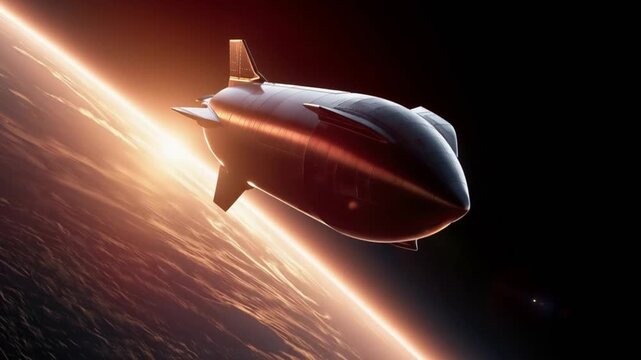 A sleek, futuristic spacecraft glides through the void of space, its metallic hull reflecting the fiery glow of a distant planet below. ..Created with Generative AI, not depicting real subjects.