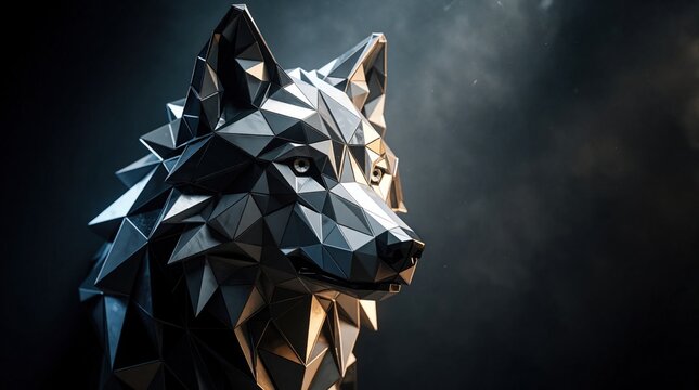 Low poly 3D wolf head portrait made of sharp metallic triangles. Silver geometric animal sculpture with dramatic lighting on dark background. Modern digital art style mascot shows strength, power