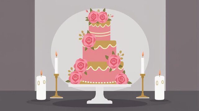 Three tier pink wedding cake with floral decorations and candles on a stand