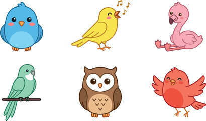 Fototapeta premium Cute Kawaii Bird Character Vector Icon Set Featuring Bluebird, Singing Canary, Flamingo, Parrot, Owl, and Flying Robin for Children Designs