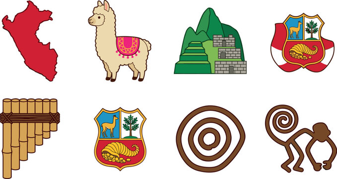 Peru Culture and Travel Icon Set Featuring Map, Llama, Machu Picchu, Coat of Arms, Panpipes, and Nazca Lines Geoglyphs Vector Illustration