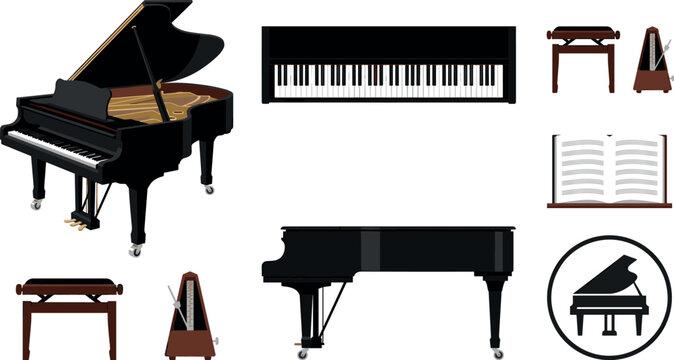 Grand Piano and Keyboard Musical Instrument Icon Set Featuring Open Concert Piano, Keyboards, Bench, Metronome, Sheet Music, and Silhouette Badge