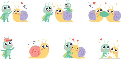 Fototapeta premium Cute Cartoon Snail and Grasshopper Insect Character Set with Friendly Bugs Sharing Leaf Flowers and Hugs for Kids Design Vector