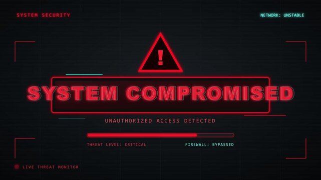 Cyber security breach alert motion graphics video display warning system compromised animation