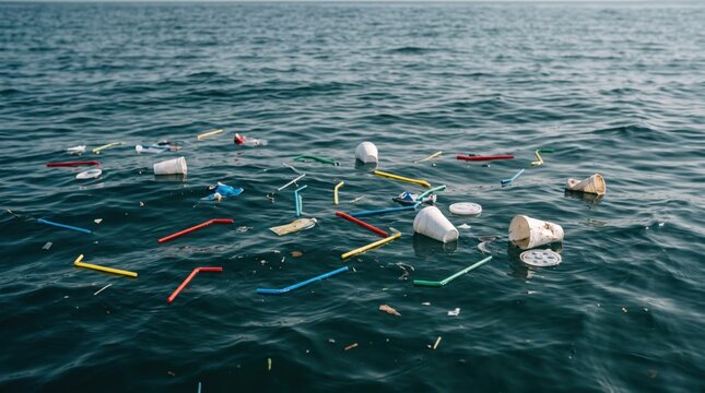 Plastic waste pollution floating on ocean water surface, environmental crisis, marine debris including cups and straws, ecological disaster, sustainability and climate change