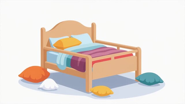 Wooden single bed with colorful bedding, isolated vector illustration of bedroom furniture.