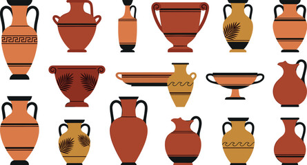 Ancient Greek Pottery and Terracotta Vase Icon Set Featuring Antique Amphora, Krater, Lekythos, Oinochoe, Kylix, and Hydria Urns with Traditional Meander Patterns © EdGe Creative