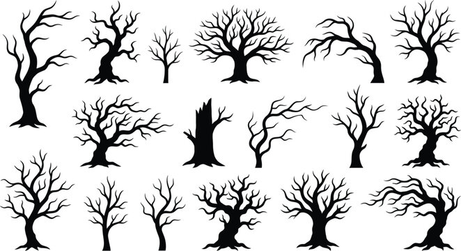 Halloween vector illustration set of black and white silhouettes
