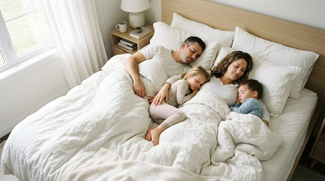 Young family sleeping together in a comfortable bed at home in morning