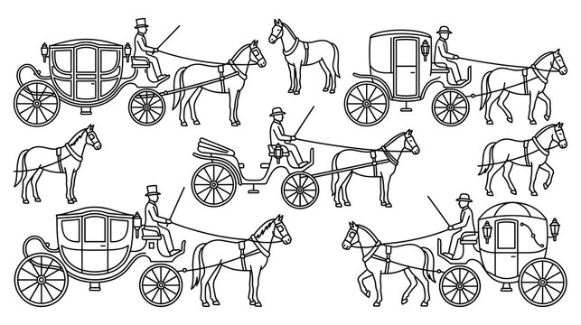 Horse drawn carriages with driver and riders in detailed black outline vector graphics.