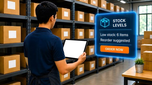 Worker checking stock level dashboard on laptop in warehouse aisle
