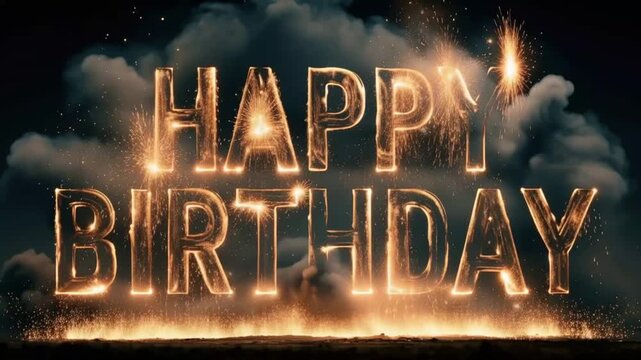 Fiery Happy Birthday message illuminated with dramatic sparks and smoke, creating a festive and explosive celebration. ..Created with Generative AI, not depicting real subjects.