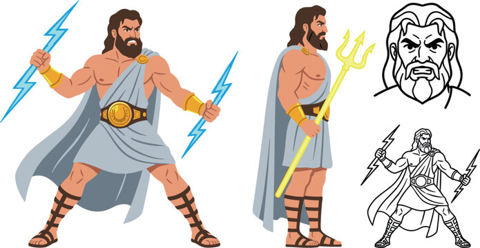 Greek Mythology God Zeus and Poseidon Vector Set with Lightning Bolts and Trident for Ancient History Education Gaming Mascots and T Shirt Graphic Designs